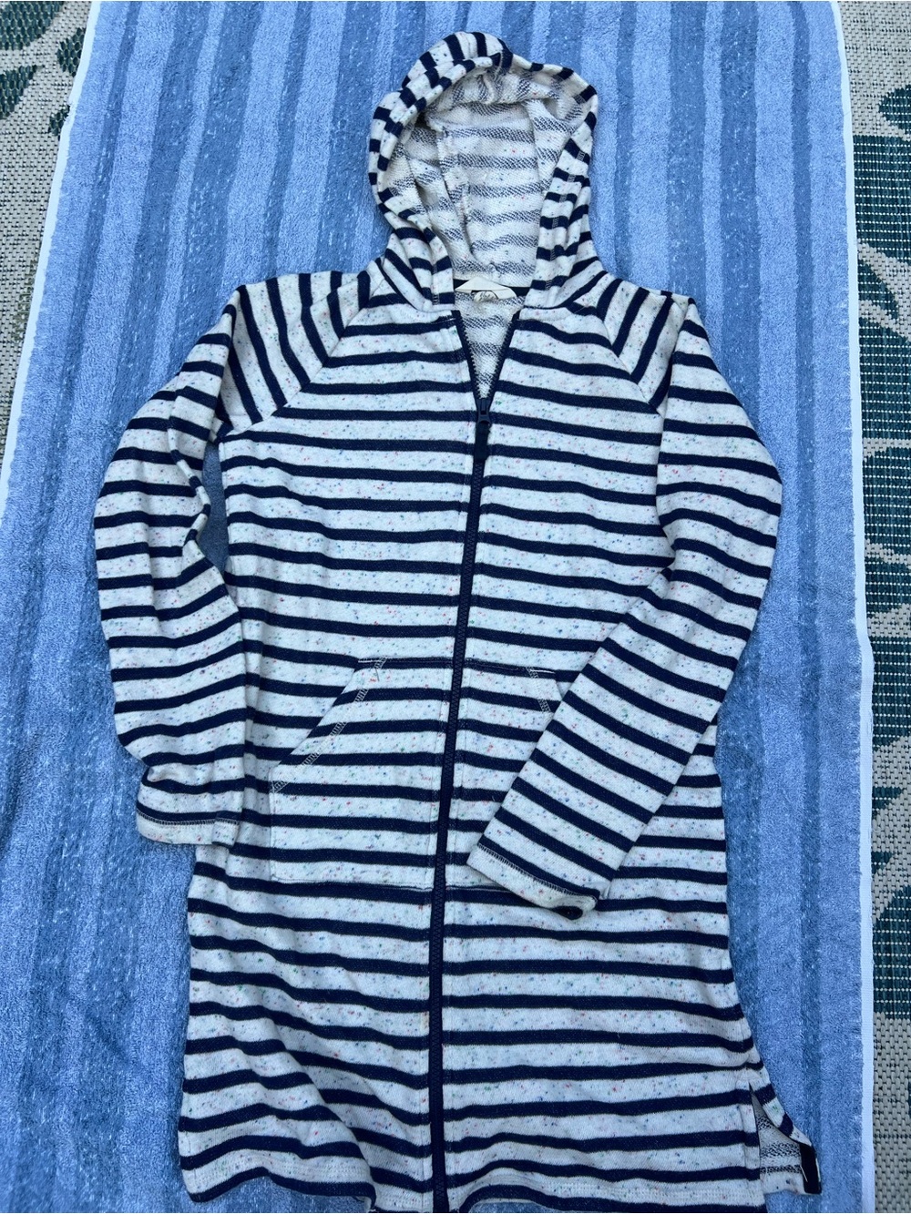 Lands' End kids Navy & Cream Striped Hooded Zip Swim Coverup